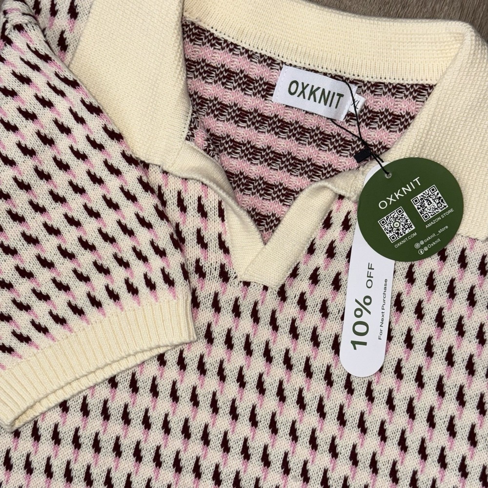 NEW OXKNIT Retro 60s Sweater Open Collar Polo Men's XL Micro Pattern Cream Pink